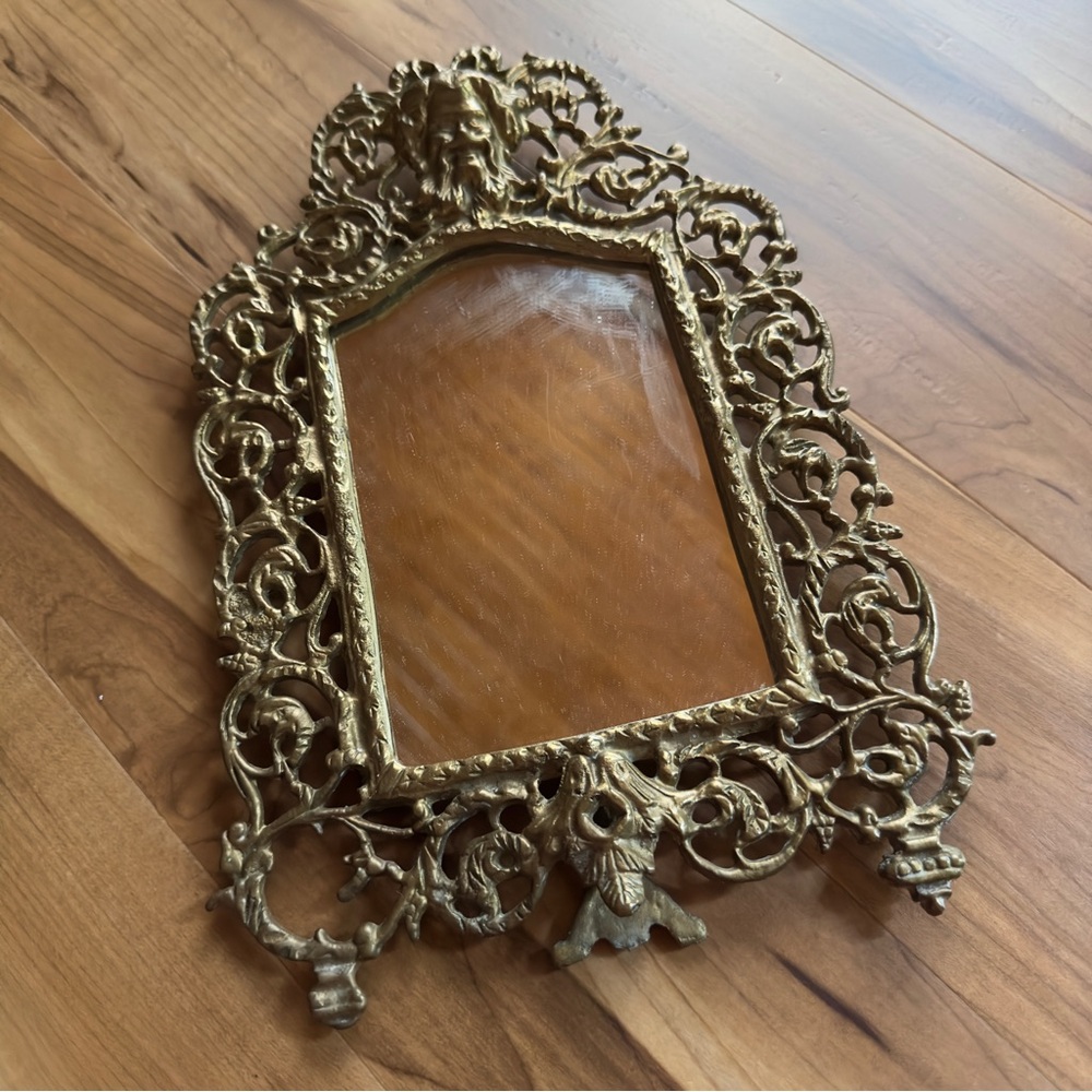 Antique vintage brass Bacchus baroque Victorian standing mirror repousse satyr
